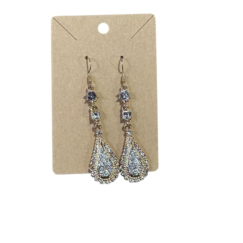 Gold Tone Crystal Teardrop Dangle Earrings Rhinestone Glitter Pave Drop Formal